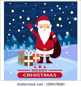 Santa Claus standing in the snow with a bag of gifts.