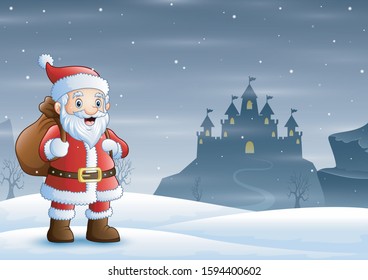 Santa claus standing in the snow with a bag of gifts