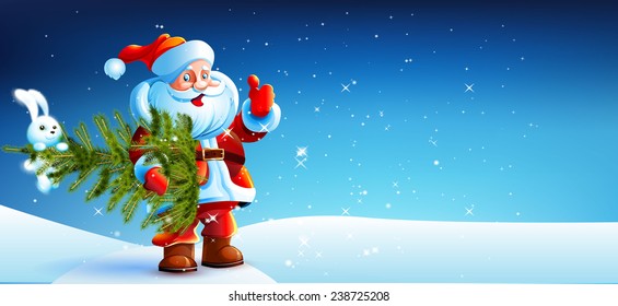 Santa Claus standing in the snow with a bag of gifts and showing thumb up flying around the snowflakes. He stands against a dark blue sky with stars in snowdrift.