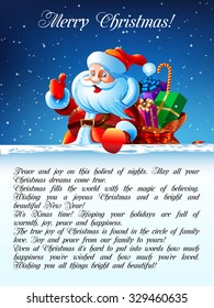 Santa Claus standing in the snow with a bag of gifts and showing thumb up, flying around the snowflakes. He stands against a dark blue sky with stars in snowdrift.