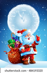 Santa Claus standing in the snow with a bag of gifts on starry sky background . Frostbitten big round clock. Vector. Icon. Happy New Year