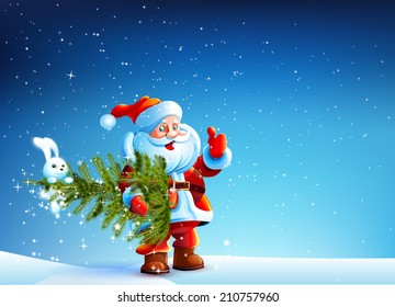 Der Weihnachtsmann steht im Schnee und hält den Baum. Die Sonne hängt oben.