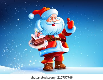 Santa Claus is standing in the snow New Year's Eve. Cake in the hands.