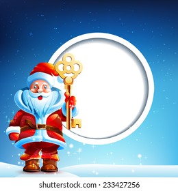 Santa Claus standing in the snow with a thumbs up and golden key. He stands on a dark blue sky with stars.