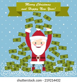 Santa Claus standing in the snow under the money rain. Christmas tree made of money.  Flat design. Vector illustration
