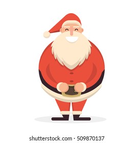 Santa Claus standing straight with his hands on belt. Cute cartoon cheerful and smiling Father Frost character running. Flat style vector illustration