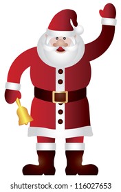 Santa Claus Standing Waving and Ringing Gold Bell Isolated on White Background Vector Illustration