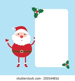 santa claus standing with white frame and green christmas leaves vector