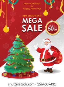 Santa Claus Standing in Winter Background With Decorated Chrstmas Tree