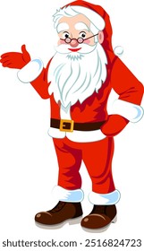 Santa Claus stands at full height, shows his hand, dressed in beautiful traditional clothes and a cap, wearing glasses  smiling cartoon style Vector