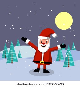 Santa Claus stands at night forest. The old man in red clothes celebrates new year and Christmas. Snowy winter landscape. Happy fairy tale character waving his hands
