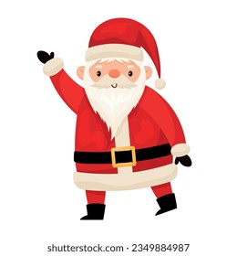 Santa Claus stands on his toes and holds out his hand, happy Christmas character, element with shadows