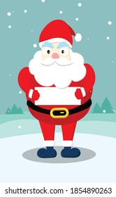 Santa Claus stands on the snow, holding a sign with a blank space for the message. In the Christmas snow  with a smile and a kind face.