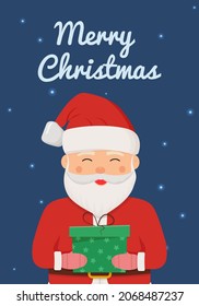 Santa claus stands on a winter background with gifts in his hands. Winter card design illustration for greetings, invitation, flyer, brochur.