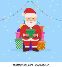Santa claus stands on a winter background with gifts in his hands. Winter card design illustration for greetings, invitation, flyer, brochur.