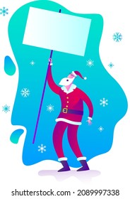 Santa Claus stands with a sign. Merry Christmas and Happy New Year greetings. Delivery of gifts.Express delivery of parcels, food, online shopping. Christmas story, new year poster. Festive surprise. 