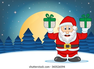 Santa Claus With Star, Sky And Snow Hill Background Vector Illustration