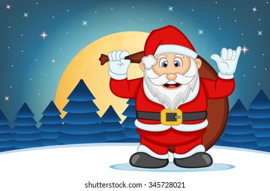 Santa Claus With Star, Sky And Snow Hill Background Vector Illustration