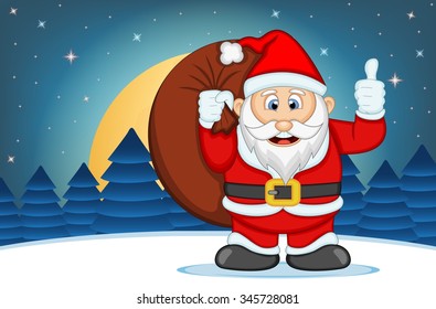 Santa Claus With Star, Sky And Snow Hill Background Vector Illustration