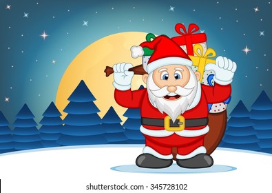 Santa Claus With Star, Sky And Snow Hill Background Vector Illustration