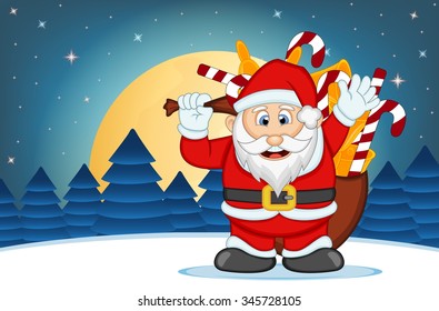 Santa Claus With Star, Sky And Snow Hill Background Vector Illustration