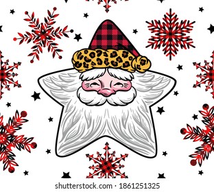 
Santa Claus Star and variety of snowflakes. Vector seamless pattern. Christmas decor.