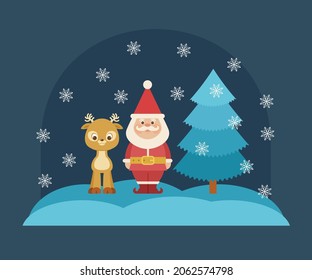 Santa Claus staying outside with a deer near Christmas tree. Vector illustration