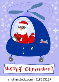 Santa Claus steers in a helicopter, saying merry Christmas