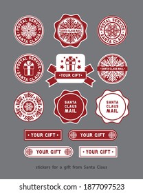 Santa Claus stickers:
set of thirteen red and white options  
with greeting inscriptions, vector drawings