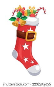 Santa Claus stocking, with Christmas decorations, bells, holly leaves, gifts, candy cane for merry christmas card