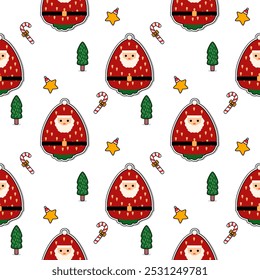 Santa Claus strawberry cartoon so cute. On candy cane tree star white background. Pattern seamless vector illustration. 