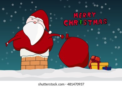 Santa Claus struck in the chimney with gift bag and boxes of present. The design for greeting card or banner for Christmas and new year season in vector illustration format