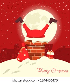 Santa Claus stuck in the chimney in the Christmas moon night. Merry christmas red comic card 