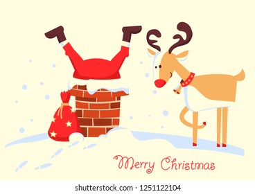 Santa Claus stuck in the chimney in the Christmas night. Merry christmas comic card with deer
