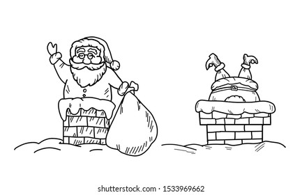 Santa claus stuck in chimney. Christmas doodle illustration.