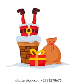 Santa Claus stuck in the chimney. Design element isolated on white background. Vector illustration.