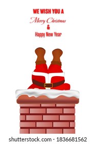 Santa Claus stuck in chimney during snowy winter isolated on white background. Merry Christmas and Happy New Year concept.