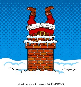 Santa Claus stuck in the chimney. Fairy tale character comic book pop art retro style vector illustration.