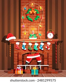 Santa claus stuck in chimney. Fireplace with socks, candle, gift box, wreath, garland. Happy new year decoration. Merry christmas holiday. New year and xmas celebration. Vector illustration flat style