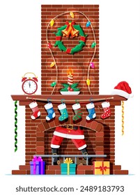 Santa claus stuck in chimney. Fireplace with socks, candle, gift box, wreath, garland. Happy new year decoration. Merry christmas holiday. New year and xmas celebration. Vector illustration flat style