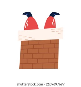 Papá Noel se quedó en la chimenea, ilustración vectorial plana aislada en fondo blanco. Santas piernas con botas en el techo. Concepto de divertida celebración navideña.