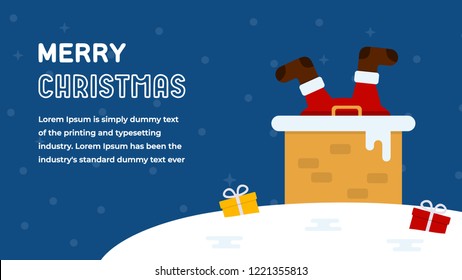 Santa Claus Stuck in the Chimney with Gift Bag Merry Christmas Greeting Card Flat Vector Illustration. Happy New Year Flat Style Invitation 