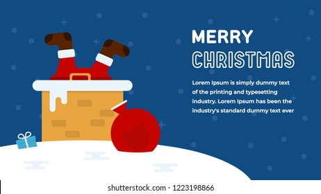 Santa Claus Stuck in the Chimney with Gift Bag Merry Christmas Greeting Card Flat Vector Illustration. Happy New Year Flat Style Invitation 