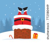 Santa Claus was stuck in the chimney with gifts. Vector illustration of a postcard.