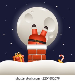 Santa Claus was stuck in the chimney with gifts. Holiday banner, web poster, greeting card. Realistic vector illustration.	