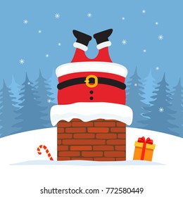 Santa Claus was stuck in the chimney with gifts. Vector illustration of a postcard.