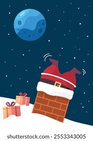 Santa claus stuck in the chimney greeting card. Greeting card poster. Vector illustration