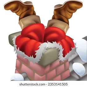 Santa Claus stuck in a chimney with his boots sticking out Christmas cartoon.