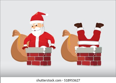 Santa Claus Stuck In The Chimney Isolate. Christmas Cartoon Vector Illustration.