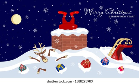 Santa Claus stuck In The Chimney, legs sticking out of the pipe at home, deer and gifts in a snowdrift.